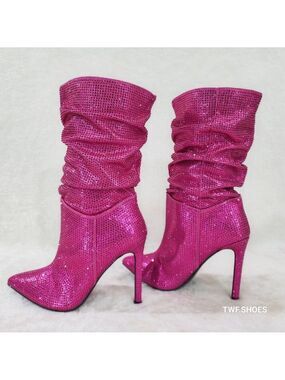 Radiant Fuchsia Pink Rhinestone High Heel Slouch Mid Calf Pull On Boots